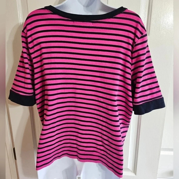 LRL Ralph Lauren 2X Plus Pink Black Striped Cotton Y2K Preppy V-Neck Henley Top - Picture 4 of 8